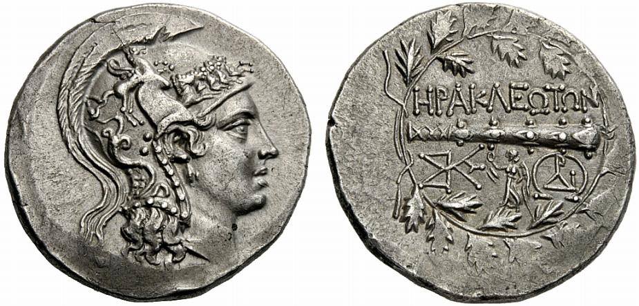 Herakleia Latmos'un yaklaşık M.Ö. 160-145 yılları arasında bastığı çelenkli tabir edilen fotoğraftaki tetradrahmi.